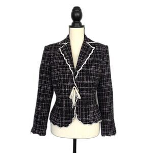 VTG Vision Apparel Silk Blend Black White Tweed Blazer Scalloped Trim Sz 6